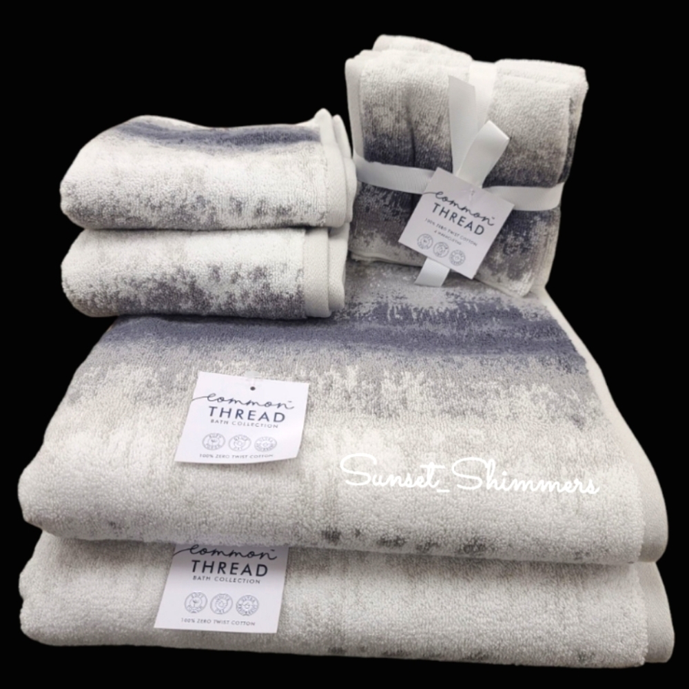 8pc COMMON THREAD 100% Zero Twist Cotton Bath Towel Set Grays / White New